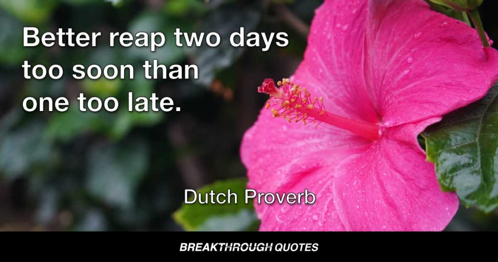 Better reap two days too soon than one too late. — Dutch Proverb