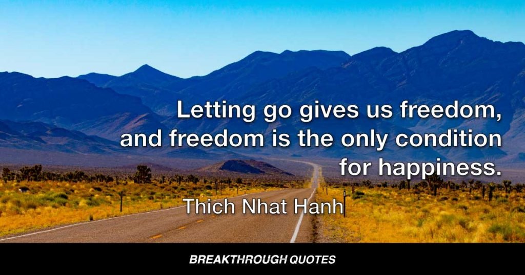 Letting go gives us freedom, and freedom is the only condition for happiness. If, in our heart, we still cling to anything—anger, anxiety, or possessions—we cannot be free. — Thich Nhat Hanh