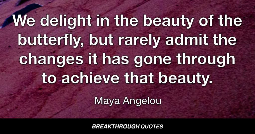 We delight in the beauty of the butterfly, but rarely admit the changes it has gone through to achieve that beauty. — Maya Angelou