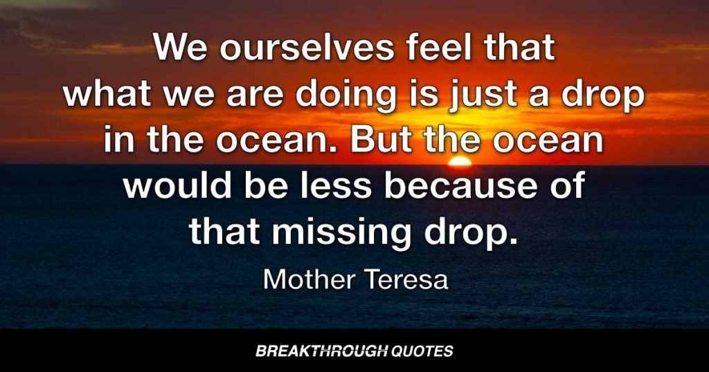 We ourselves feel that what we are doing is just a drop in the ocean. But the ocean would be less because of that missing drop. — Mother Teresa