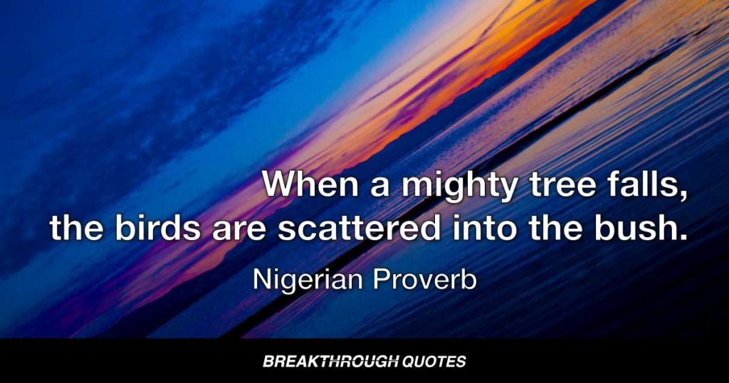 When a mighty tree falls, the birds are scattered into the bush. — Nigerian Proverb