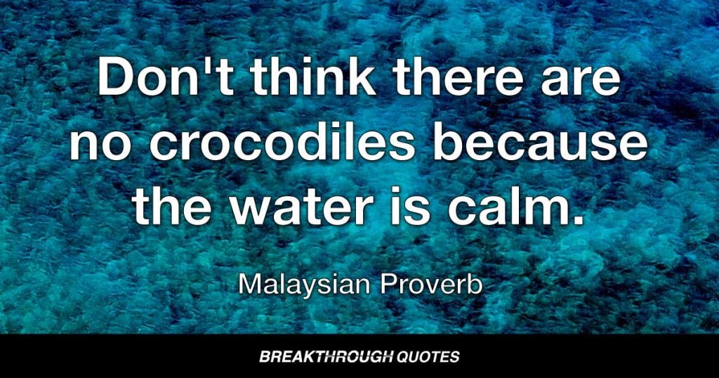 Don't think there are no crocodiles because the water is calm. — Malaysian Proverb