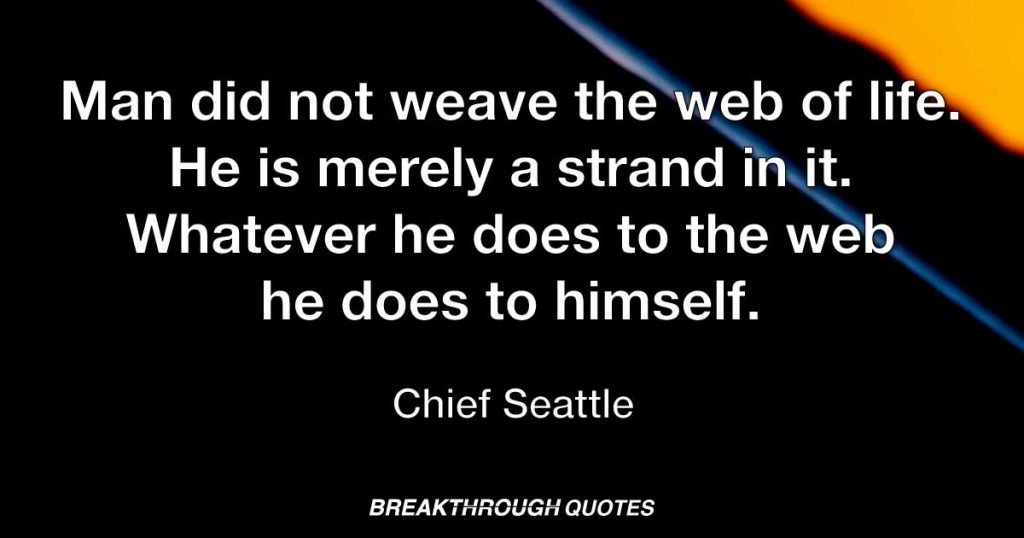 Man did not weave the web of life. He is merely a strand in it. Whatever he does to the web he does to himself. — Chief Seattle