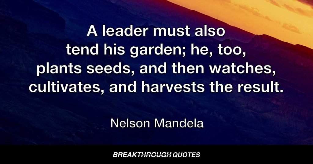 In some ways, I saw the garden as a metaphor for certain aspects of my life. A leader must also tend his garden; he, too, plants seeds, and then watches, cultivates, and harvests the result. — Nelson Mandela