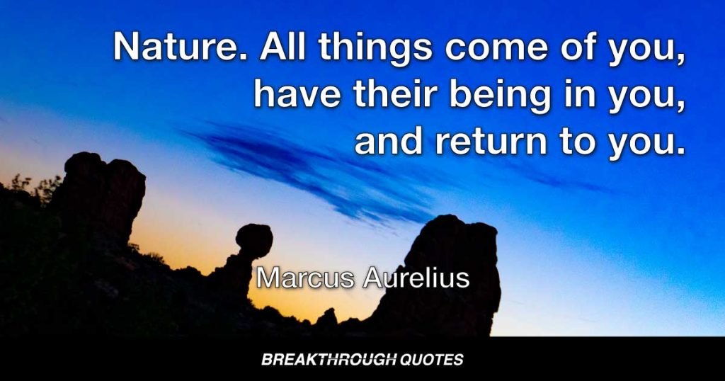 Nature. All things come of you, have their being in you, and return to you. — Marcus Aurelius